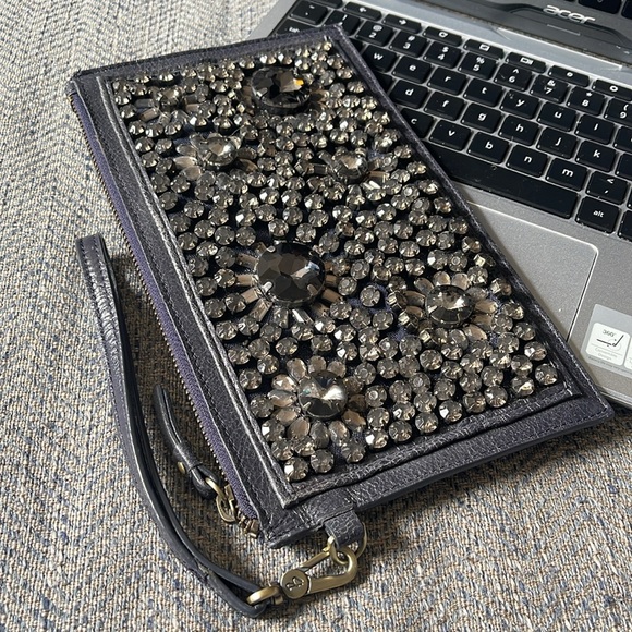 Boden Blue Distressed Leather Rhinestone Zippered Clutch - Picture 12 of 12